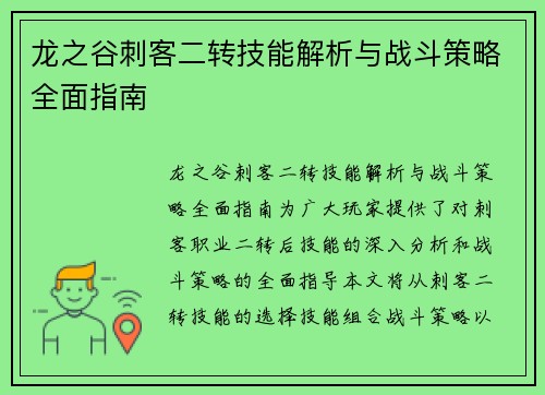 龙之谷刺客二转技能解析与战斗策略全面指南